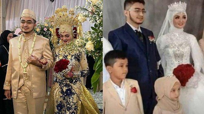 Habib Riqieq menikahkan puterinya Najwa Shihab dengan Irfan Al Idrus pada Sabtu (14/11/2020). Pada resepsi pernikahannya yang digelar keesokan harinya, Minggu (15/11/2020), Najwa dan pasangannya, Irfan Al Idrus kompak mengenakan baju pengantin berwarna keemasan. Najwa tampil dengan kebaya berekor berwarna keemasan. Penampilannya semakin glamour dengan hijab dan hiasan kepala berwarna emas. Pada foto lainnya yang beredar di internet, Najwa juga tampak memakai gaun pengantin bergaya internasional berwarna putih. Foto: Instagram @titieksoeharto/Youtube Mubarok Husein
