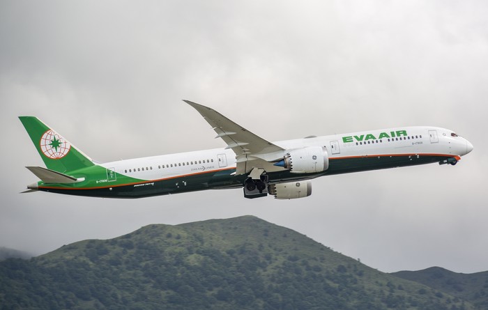 This image is of an Eva Air Boeing 787-10 departing out of Hong Kong international airport. EVA Air Corporations, of which 
