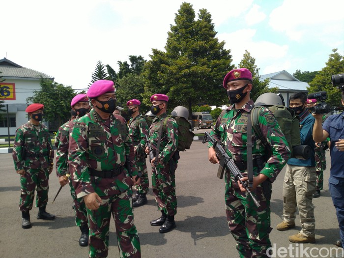 Panglima TNI Marsekal Hadi Tjahjanto mengecek pasukan Marinir. (Sachril Agustin Berutu/detikcom)