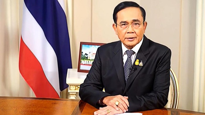 This frame grab from Thai TV Pool video footage taken on October 21, 2020 shows Thailands Prime Minister Prayut Chan-O-Cha speaking in Bangkok. - Thailands premier on October 22 revoked an emergency decree that had been intended to quell pro-democracy rallies despite it failing to stamp out daily protests demanding he resign and for reforms of the unassailable monarchy. (Photo by - / Thai TV Pool / AFP)