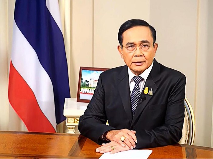 This frame grab from Thai TV Pool video footage taken on October 21, 2020 shows Thailands Prime Minister Prayut Chan-O-Cha speaking in Bangkok. - Thailands premier on October 22 revoked an emergency decree that had been intended to quell pro-democracy rallies despite it failing to stamp out daily protests demanding he resign and for reforms of the unassailable monarchy. (Photo by - / Thai TV Pool / AFP)