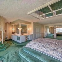 Ini adalah salah satu foto interior aneh yang dibagikan oleh Vanessa. Terlihat lantai kamar tidur seluruhnya dilapisi dengan karpet berwarna hijau. Tak hanya itu saja, di pojok ruangan kamarnya juga terdapat bathtub yang lantainya juga dilapisi dengan karpet. Foto: Vanessa Van Winkle