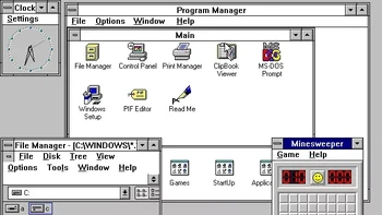 Windows 3.0 yang meluncur tahun 1990 masih hadir sebagai bagian dari MS-DOS tapi memiliki antarmuka yang lebih baik dengan aplikasi Program dan File yang baru. Di update Windows 3.1, Microsoft untuk pertama kalinya mengenalkan game Minesweeper. Foto: The Verge