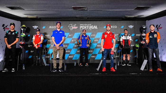 Franco Morbidelli, Jack Miller, Joan Mir, Miguel Oliveira, Andrea Dovizioso, Cal Crutchlow dan Pol Espargaro pada konferensi pers jelang MotoGP Portugal 2020.
