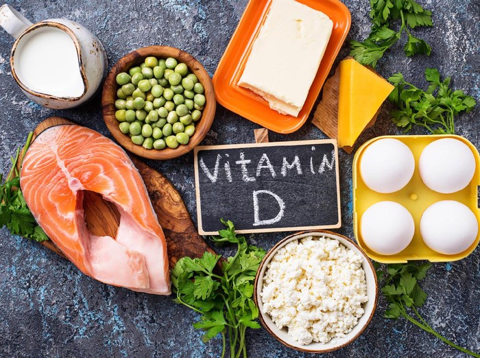 Healthy foods containing vitamin D. Top view