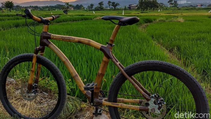 Biasanya rangka sepeda dibuat dari bahan logam. Namun warga Lamongan ini mengkreasikan sepeda dengan bahan bambu.