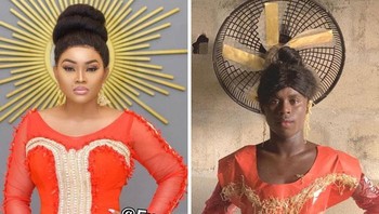 Mercy Aigbe plus dekorasi di belakangnya. Foto: @FunnyToheeb via Bored Panda