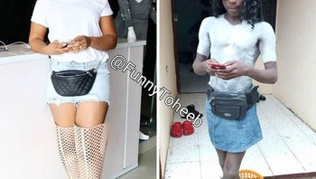 Funny Toheeb pria asal Afrika ini mencoba meniru outfit seleb, salah satunya Laura Ikeji Kanung. Foto: @FunnyToheeb via Bored Panda