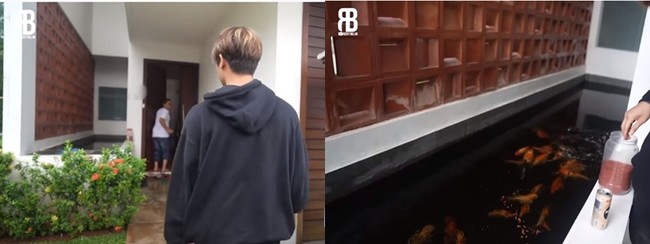 Untuk mendapat rumah bergaya minimalis tersebut, aktor muda ini mengaku membayarnya secara tunai seharga Rp 6,5 miliar. Pada bagian depan rumah, sebuah kolam ikan koi langsung menyambut tamu yang datang. (Foto: YouTube Rizky Billar)