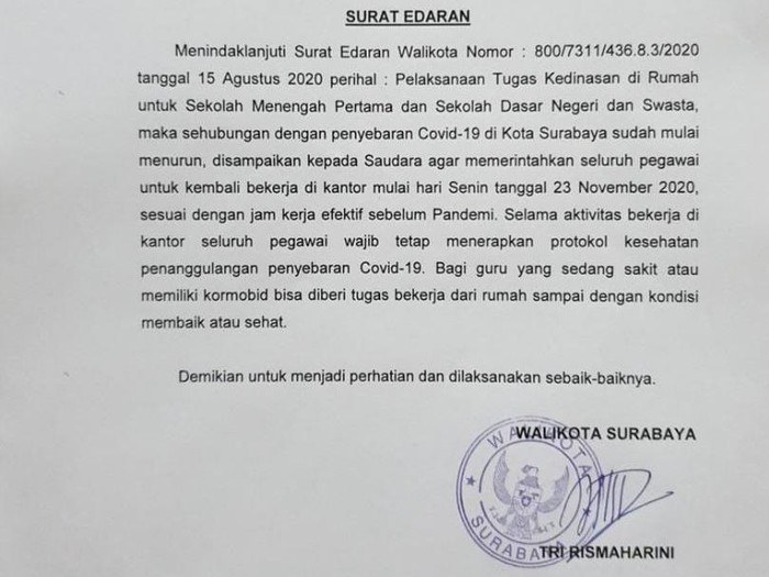SE Walkot Surabaya tentang guru SD-SMP masuk sekolah kembali