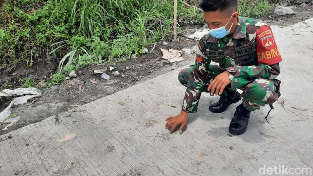 Jejak kaki satwa liar yang diduga macan ditemukan di jalur evakuasi Padukuhan Ngancar, Glagaharjo, Cangkringan, Sleman, Senin (23/11/2020).