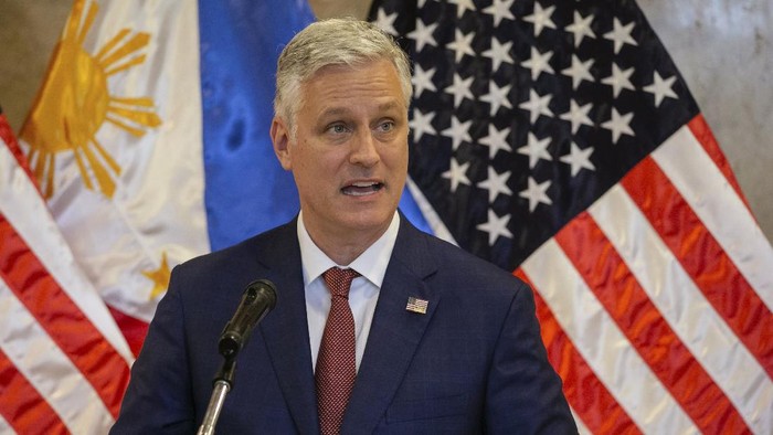 U.S. National Security Advisor Robert OBrien speaks during the turnover ceremony of defense articles at the Department of Foreign Affairs in Pasay City, Philippines Monday, Nov. 23, 2020. (Eloisa Lopez/Pool Photo via AP)