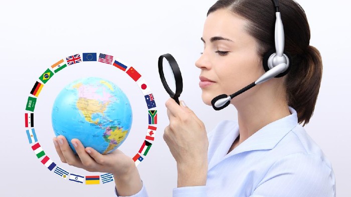 concept search, customer service operator woman with headset, globe, flags and magnifying glass