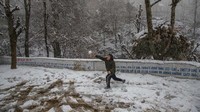 Hujan salju ini membawa kegembiraan pada anak-anak. Mereka asyik bermain salju.
