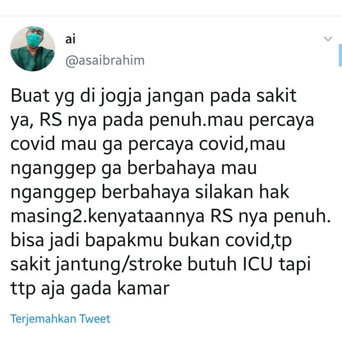Tangkapan layar Twitter tentang RS di Yogyakarta penuh