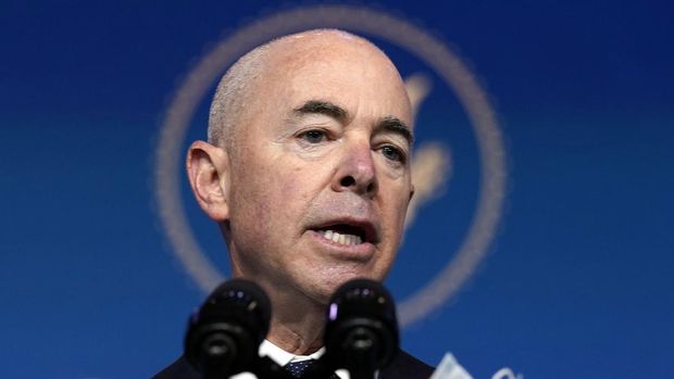 President-elect Joe Biden's Homeland Security Secretary nominee Alejandro Mayorkas speaks at The Queen theater, Tuesday, Nov. 24, 2020, in Wilmington, Del. (AP Photo/Carolyn Kaster)