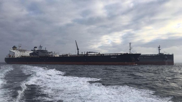 In this October 2019 photo, the MT Agrari is seen off the coast of Frederikshavn, Denmark. A mine in the Red Sea off Saudi Arabias coast near Yemen exploded and damaged the oil tanker MT Agrari on Wednesday, Nov. 25, 2020, authorities said, the latest incident targeting the kingdom amid its long war against Yemens Houthi rebels. (Morten Weesgaard via AP)