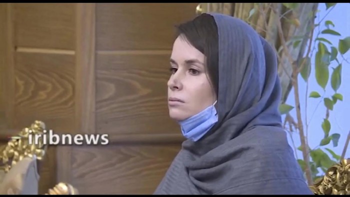 In this frame grab from Iranian state television video aired Wednesday, Nov. 25, 2020, British-Australian academic Kylie Moore-Gilbert is seen in Tehran, Iran. Iran has freed Moore-Gilbert, who has been detained in Iran for more than two years, in exchange for three Iranians held abroad, state TV reported Wednesday. (Iranian State Television via AP)