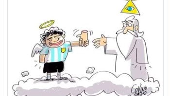 Di alam baka, Maradona menyerahkan tangannya yang dulu dipakai untuk curang. Foto: istimewa