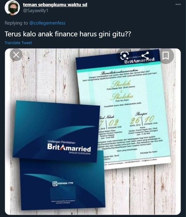 Undangan pernikahannya anak finance banget nih. Kalau bisa sih sekalian aja rekening tabungan sama saldonya dikasih juga. Foto: Twitter.com/sayawilly1