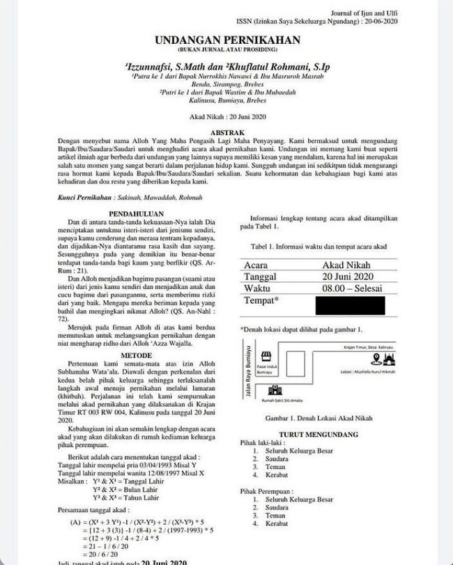 Nggak jauh beda sama yang tadi, undangan pernikahan yang satu ini juga dibuat mirip banget sama jurnal. Saking miripnya sampai ditulisin kalau ini bukan jurnal. Foto: Instagram.com/izzunnafsi