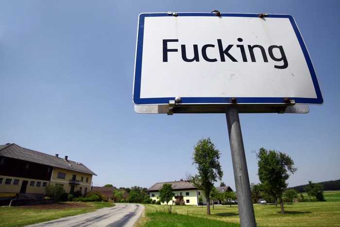 Color image of the traffic sign at the entrance in the village of Fucking, Austria. Actual shot, no added text.