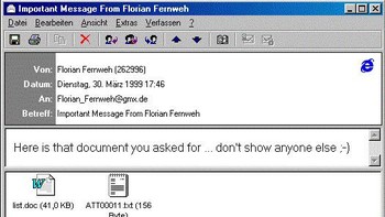 Virus Melissa menginfeksi 20% komputer di seluruh dunia. Menyebar melalui lampiran MS Word yang akan diteruskan ke korban pertama pada 50 kontak Outlook ketika diklik. Foto: Pandasecurity