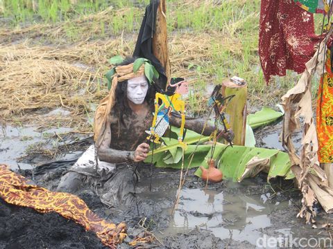 Seorang petani di Desa Terung Wetan, Kecamatan Krian menggelar pertunjukan wayang kontemporer di tengah sawah. Itu sebagai wujud rasa syukur atas panen padi yang melimpah.