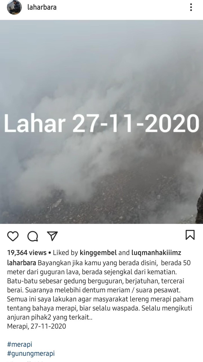 akun instagram warga yang mengaku merekam puncak merapi, 27 november 2020