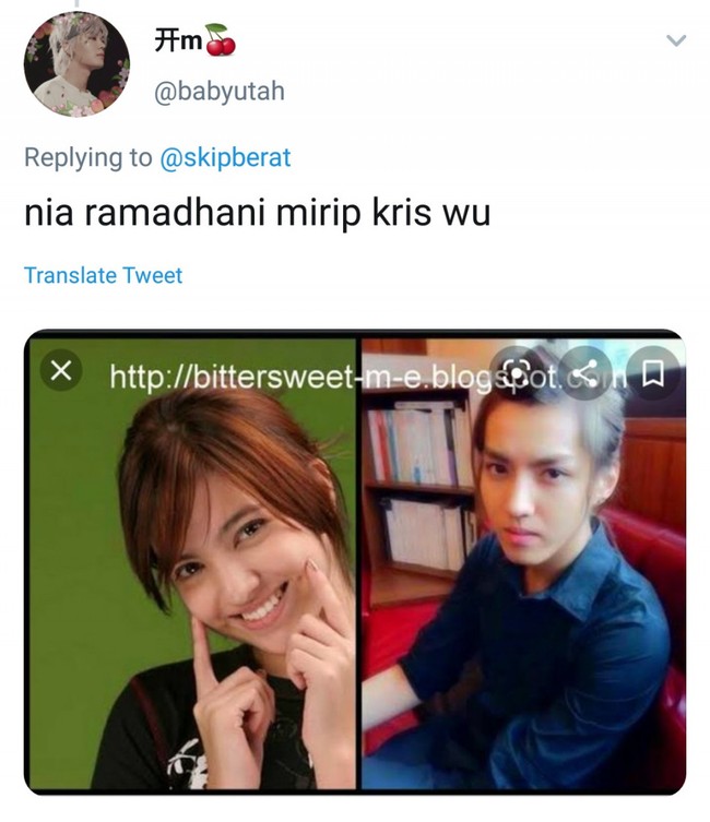 Nggak sedikit netizen yang menyebut Nia Ramadhani mirip dengan Kris Wu. Nia seperti versi cewek dari Kris Wu. Foto: Twitter/@skipberat