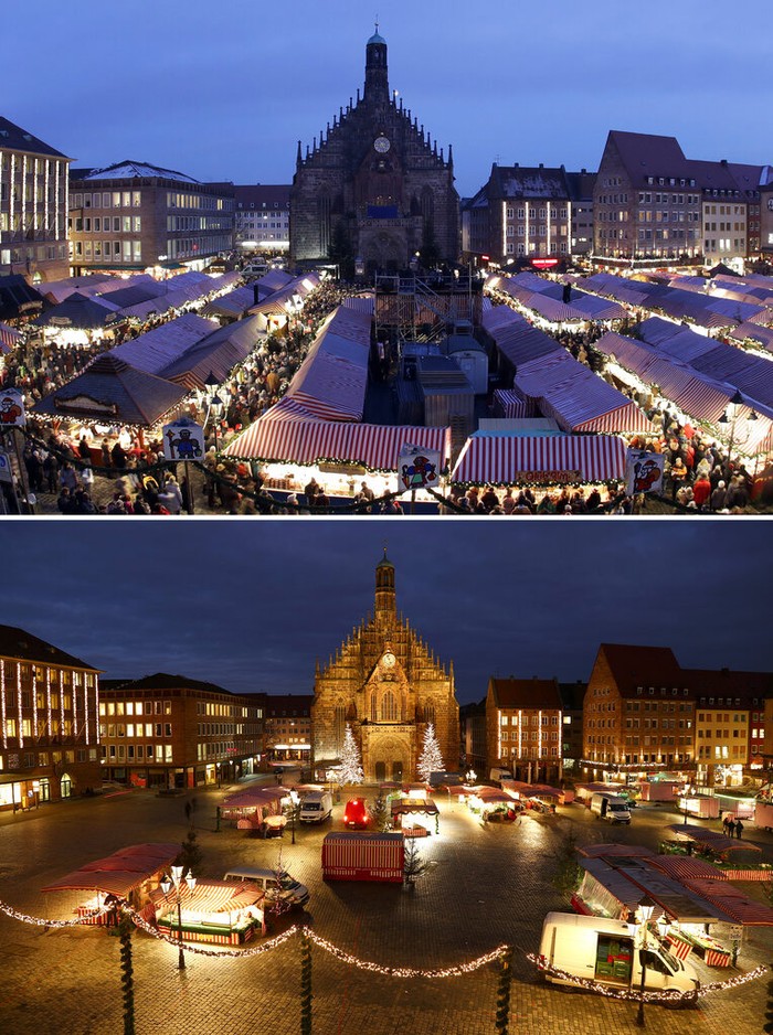 Potret Pasar Natal Sebelum dan Saat Pandemi di Eropa Foto before-after berikut memperlihatkan perbedaan keadaan Pasar Natal yang selalu ada sebelum pandemi dan harus dibatalkan saat pandemi COVID-19 di Eropa.
