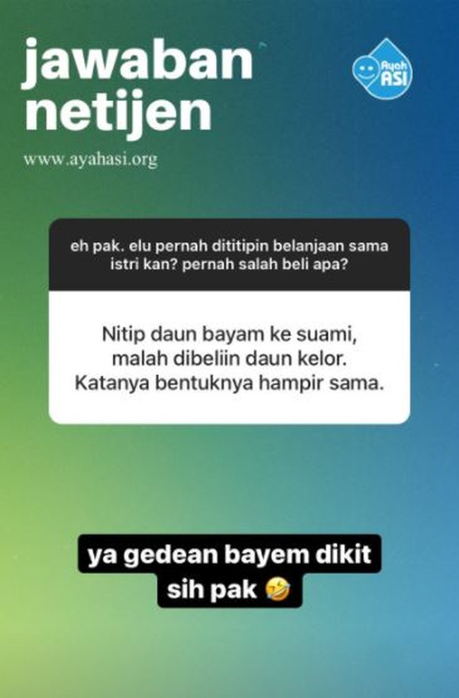 Ya gini deh jadinya kalau suaminya nggak tahu urusan dapur. Jadi salah kan beli titipannya.. Foto: Instagram/@id_ayahasi