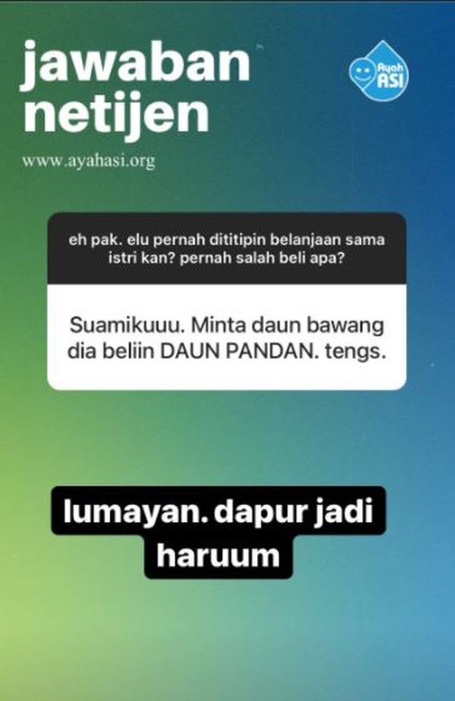Ya namanya juga sama-sama hijau bund.. Walaupun bentuknya beda tapi di mata suami sama-sama daun. Foto: Instagram/@id_ayahasi