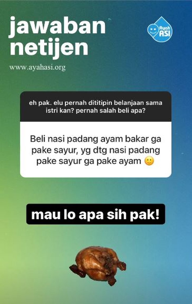 Kalau ini sih kayaknya suaminya kuran fokus deh. Mungkin butuh air putih. Foto: Instagram/@id_ayahasi