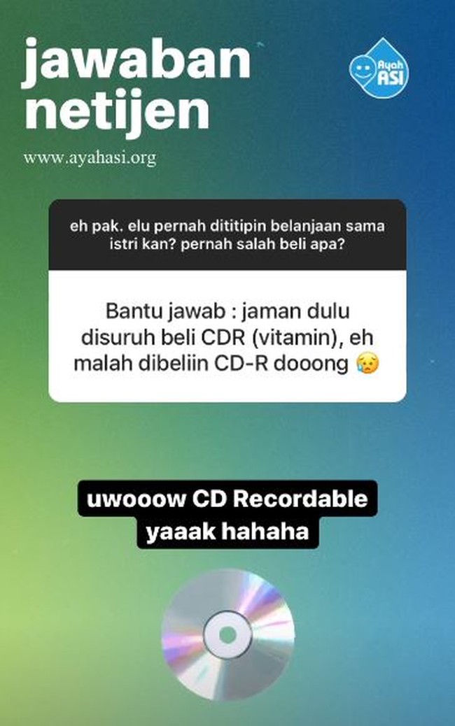 Nyasarnya jauh banget nih. Niat hati minta dibeliin vitamin, yang dateng malah CD Recordable. Ya namanya sama sih tapi fungsinya beda jauh. Foto: Instagram/@id_ayahasi