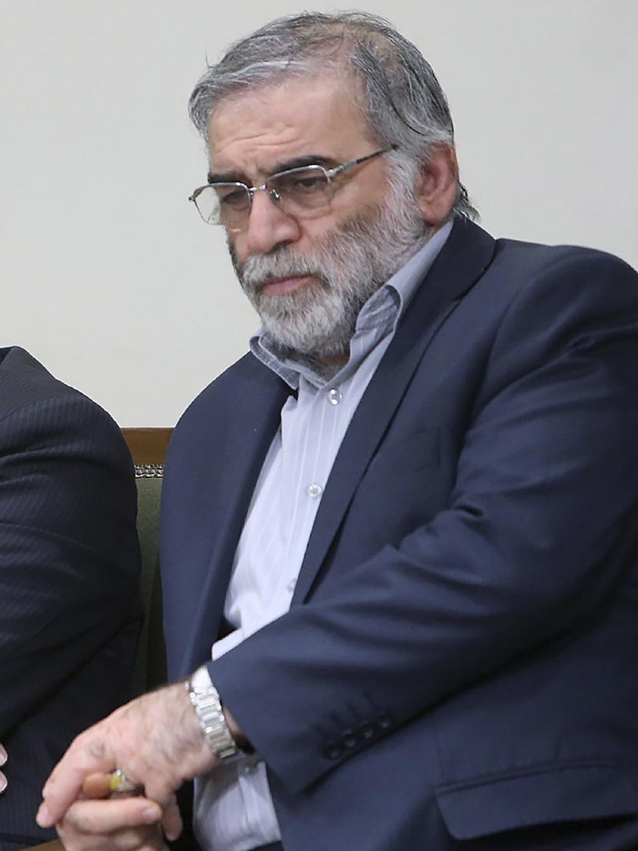 In this picture released by the official website of the office of the Iranian supreme leader, Mohsen Fakhrizadeh sits in a meeting with Supreme Leader Ayatollah Ali Khamenei in Tehran, Iran, Jan. 23, 2019. Fakhrizadeh, an Iranian scientist that Israel alleged led the Islamic Republics military nuclear program until its disbanding in the early 2000s was killed in a targeted attack that saw gunmen use explosives and machine gun fire Friday Nov. 27, 2020, state television said. Two others are unidentified. (Office of the Iranian Supreme Leader via AP)
