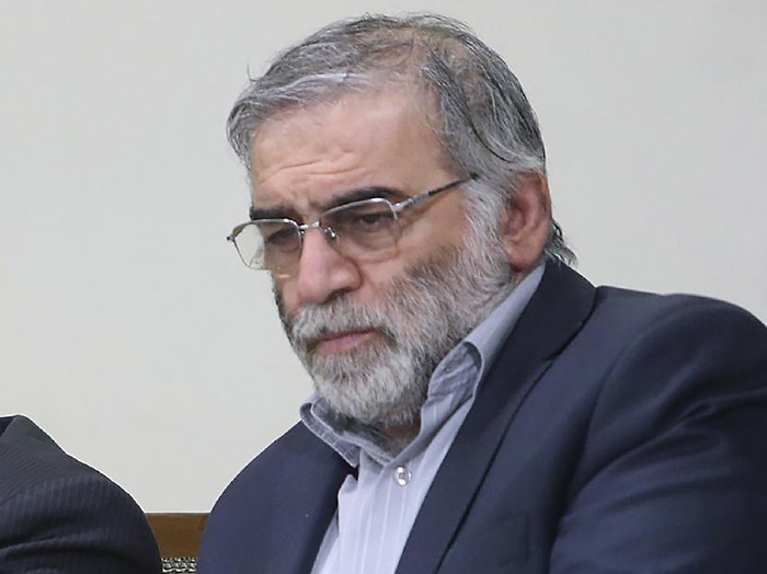 In this picture released by the official website of the office of the Iranian supreme leader, Mohsen Fakhrizadeh sits in a meeting with Supreme Leader Ayatollah Ali Khamenei in Tehran, Iran, Jan. 23, 2019. Fakhrizadeh, an Iranian scientist that Israel alleged led the Islamic Republics military nuclear program until its disbanding in the early 2000s was killed in a targeted attack that saw gunmen use explosives and machine gun fire Friday Nov. 27, 2020, state television said. Two others are unidentified. (Office of the Iranian Supreme Leader via AP)