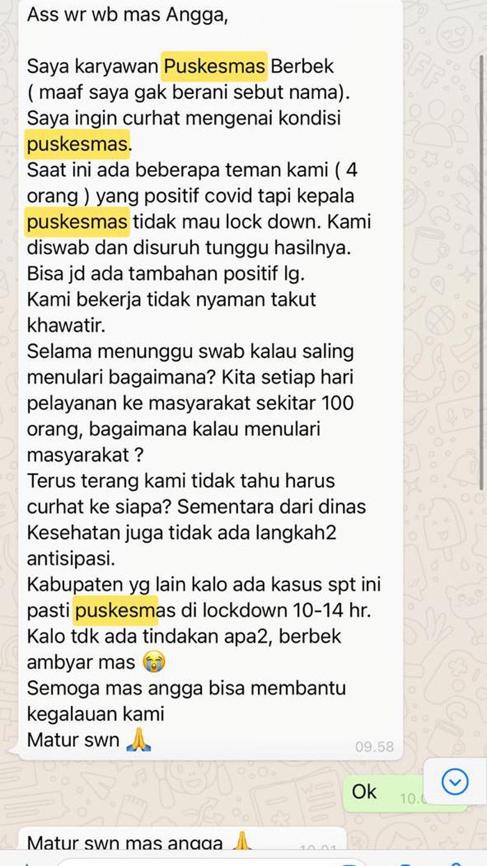 Seorang tenaga kesehatan (nakes) Puskesmas Berbek, Nganjuk curhat ke DPRD setempat. Ia berharap Puskesmas tersebut di-lockdown karena ada empat orang yang positif COVID-19.