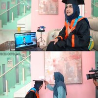 Agar mempermudah saat memakai toga, Ricis tidak membentuk hijabnya. Dia menyampirkan hijabnya ke belakang. Dan dia juga tidak memakai kebaya. Ricis hanya memakai blouse dan celana hitam. Menurutnya, jika wisuda online salah satu keuntungannya kamu tak usah pusing untuk memakai kebaya. Foto: Screenshot Youtube Ricis Official