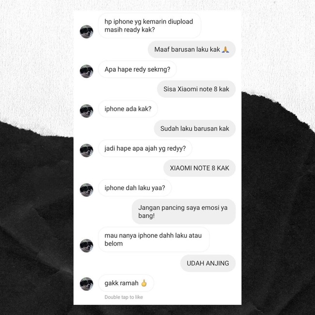 Ini sih bikin penjualnya emosi tingkat tinggi. Gimana nggak bengek kalau baca yang kayak gini? Foto: Instagram/@newdramaolshop