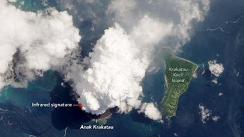 Foto NASA tertanggal 13 April 2020 ini memperlihatkan aktivitas asap di Gunung Anak Krakatau pada waktu tersebut. Foto: NASA