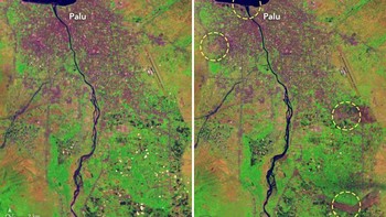 Kerusakan sebelum dan setelah gempa Bumi dan tsunami yang melanda Palu pada akhir 2018. Foto: NASA