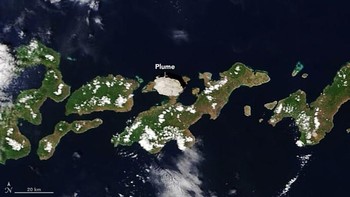 Foto yang diambil satelit NASA di tanggal 29 November 2020 ini menampakkan abu dan asap tebal akibat erupsi Gunung Lewotolo di Nusa Tenggara Timur. Foto: NASA
