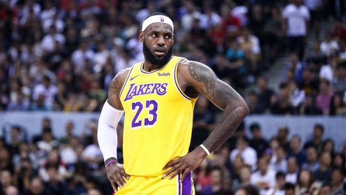 SHENZHEN, CHINA - OCTOBER 12: LeBron James #23 of the Los Angeles Lakers reacts during the match against the Brooklyn Nets during a preseason game as part of 2019 NBA Global Games China at Shenzhen Universiade Center on October 12, 2019 in Shenzhen, Guangdong, China. (Photo by Zhong Zhi/Getty Images)