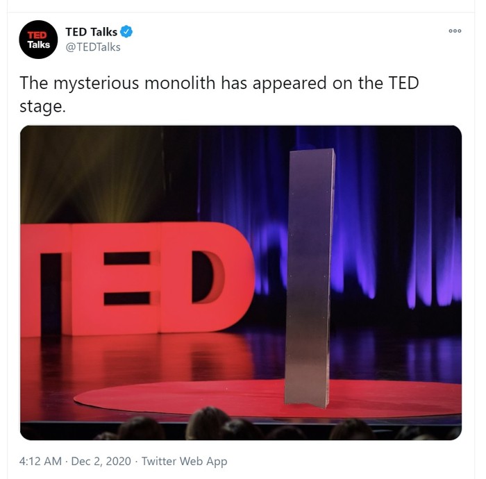 AThis Nov. 27, 2020 photo by Terrance Siemon shows a monolith that was placed in a red-rock desert in an undisclosed location in San Juan County southeastern Utah. New clues have surfaced in the disappearance of the gleaming monolith in Utah that seemed to melt away as mysteriously as it appeared in the red-rock desert. A Colorado photographer told a TV station in Salt Lake City that he saw four men push over the hollow, stainless steel structure in Utah on Friday night. (Terrance Siemon via AP)