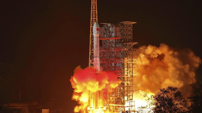 FILE - In this Dec. 8, 2018, file photo released by Xinhua News Agency, the Change 4 lunar probe launches from the the Xichang Satellite Launch Center in southwest Chinas Sichuan Province. Chinas landing of its third probe on the moon is part of an increasingly ambitious space program that has a robot rover en route to Mars, is developing a reusable space plane and plans to put humans back on the lunar surface. (Jiang Hongjing/Xinhua via AP, File)