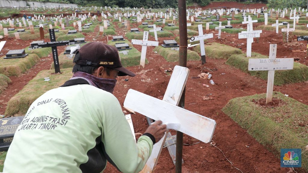 TPU Korban Covid-19 di kawasan TPU Pondok Ranggon. Suasana upacara pemakaman jenazah COVID-19 dengan upacara militer di kawasan TPU Pondok Ranggon Blok Unit Kristen, Jakarta Timur, Kamis (3/12/2020). Lahan khusus untuk jenazah COVID-19 muslim di TPU Pondok Ranggon, Jakarta Timur, penuh. Karena itu, TPU Pondok Ranggon memutuskan hanya melayani jenazah COVID-19 muslim dengan sistem tumpang. Dikutip dari Detikcom