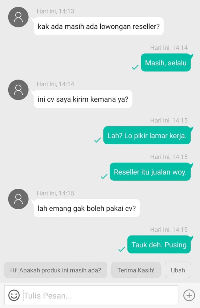 Ini mau ngelamar kerja atau jadi reseller sih? Pakai CV segala. Foto: Twitter.com/@txtdarionlineshop