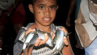 Seorang anak menunjukkan ikan yang mendamparkan diri di pesisir pantai Lewoleba, Kabupaten Lembata, NTT Kamis (3/12/2020) malam.