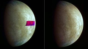 Gambar Europa dengan infra merah ini menunjukkan deteksi lapisan mineral seperti tanah liat di pemrukaannya, mungkin berasal dari asteroid atau komet. Foto: NASA